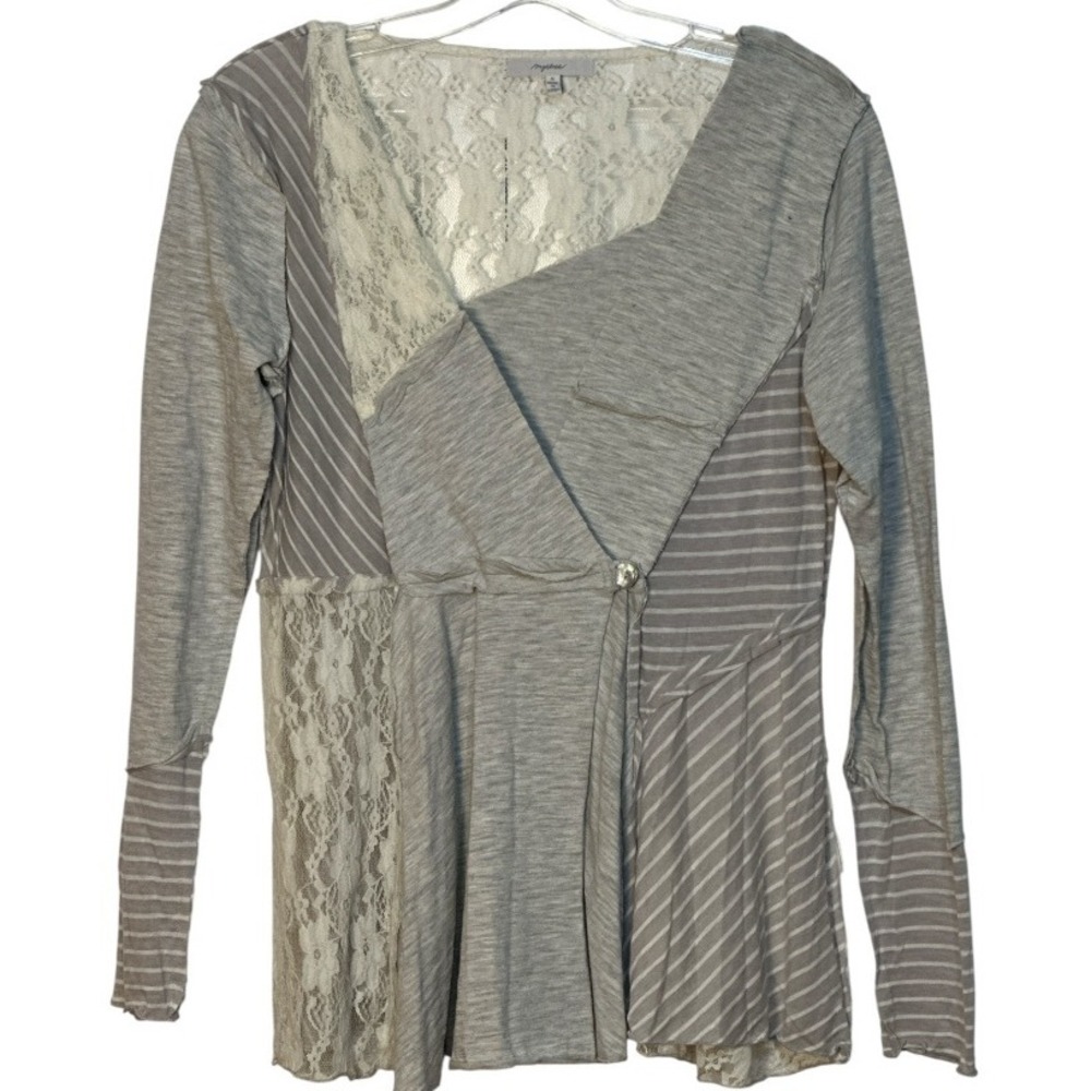 Mystree‎ Knit Blouse Lace Long Sleeve Casual Boho Patchwork Gray S